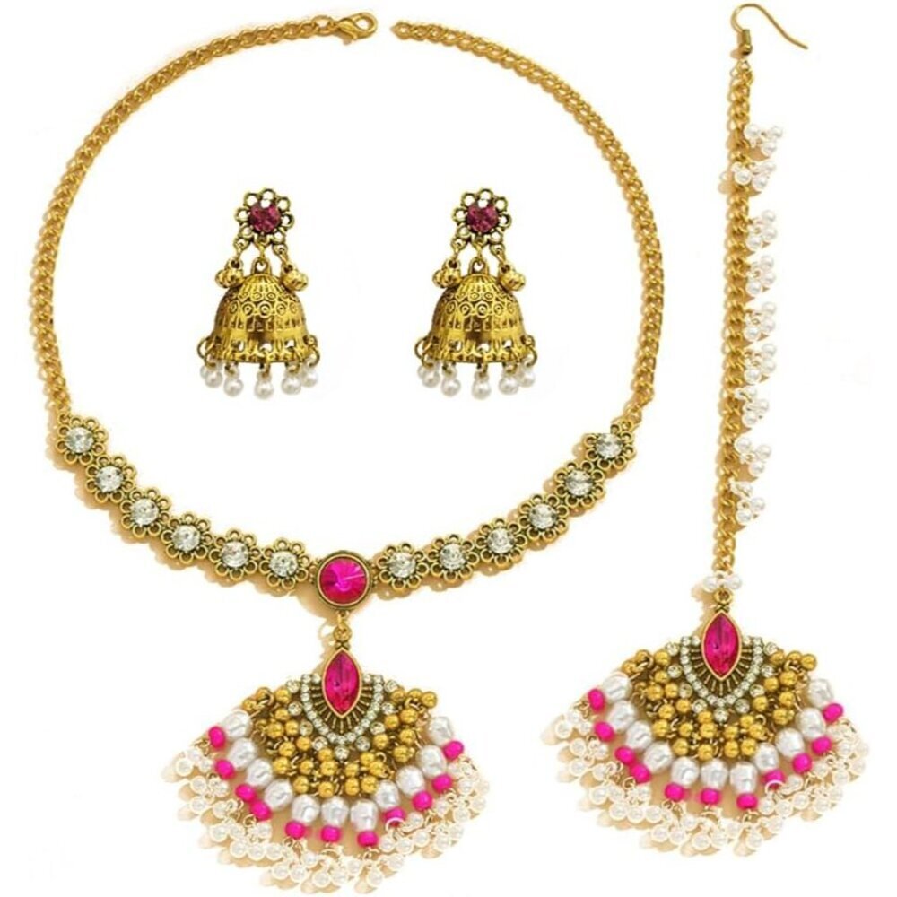 Indian Jewelry Set Women Bollywood Antique Rhinestone Earrings Necklace Maang Ti